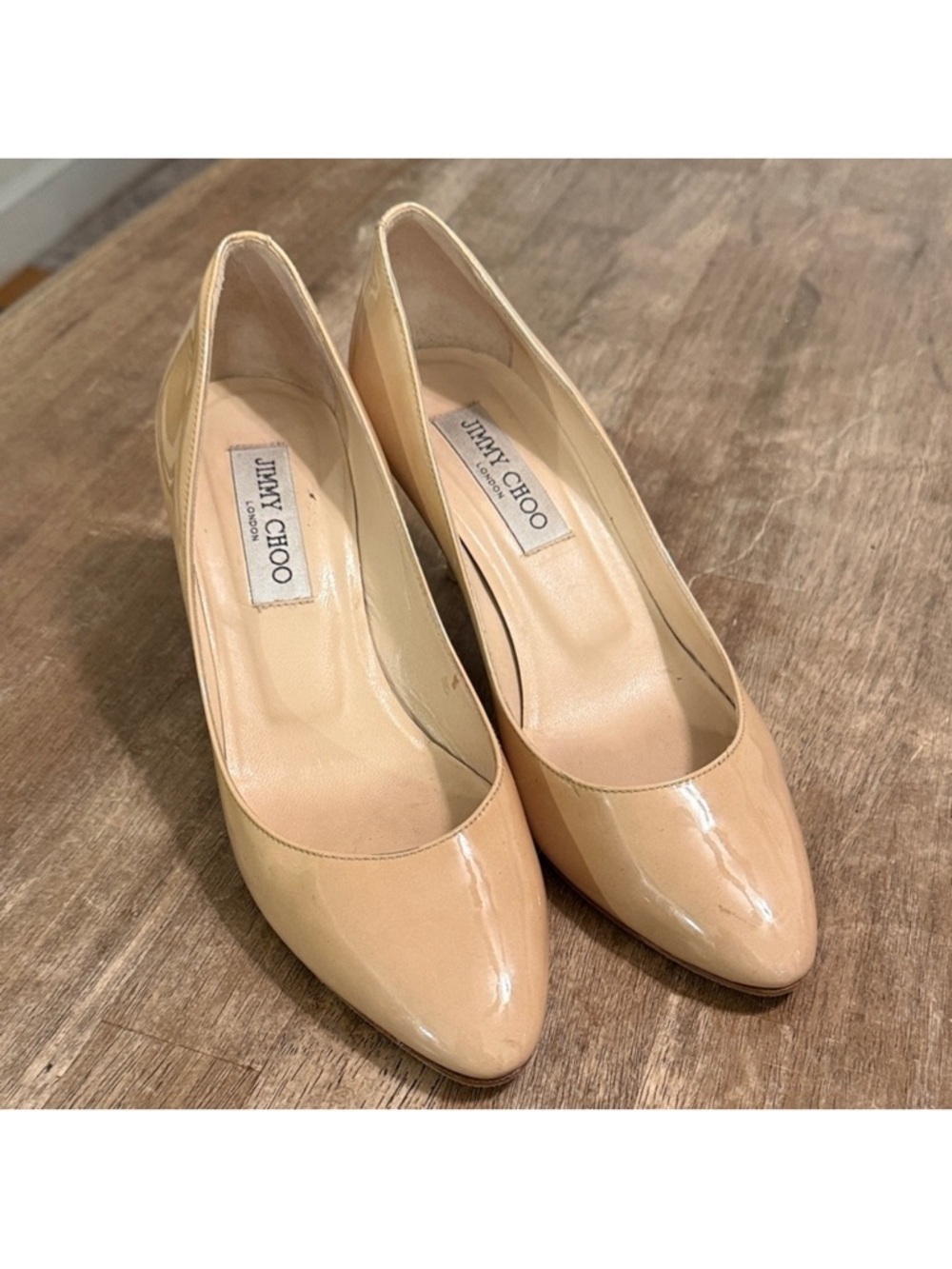 Jimmy Choo Beige Patent Leather Pointed-Toe Pumps